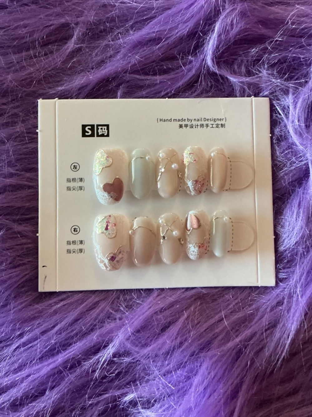 Handmade Press-On Nails with Heart and Pearl Accents - Nude & Pink